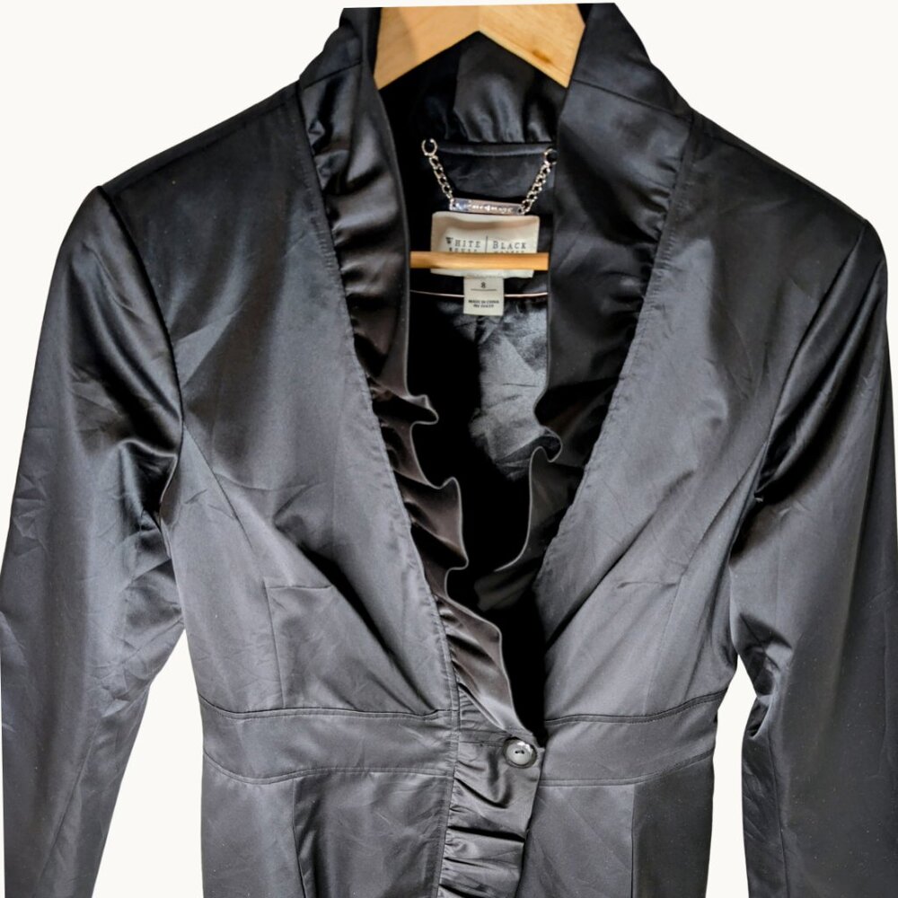 Black Satin Ruffle Tailored Opera Coat 8 Old Hollywood Dramatic Formal